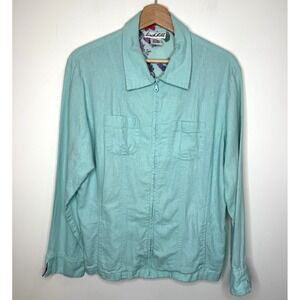 Birch Hill Linen Jacket Womens XL Blue Zip Up Flip‎ Cuff Floral Light Lagenlook